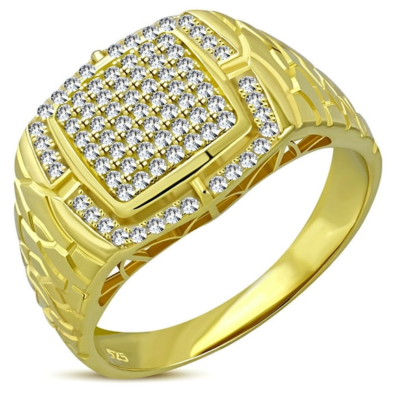 925 Sterling Silver Men's Gold-tone Micro Pave White CZ Stone Square Signet Style Ring with Engraved Band