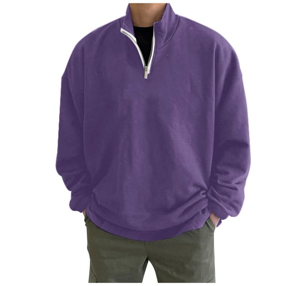 Outfmvch Hoodies For Men Hoodie Mens Simple Casual Loose Hoodless Oversize Zipper Solid Stand Collar Hoodless Pullover Sweater Coat Top Zip Up Hoodie Purple M