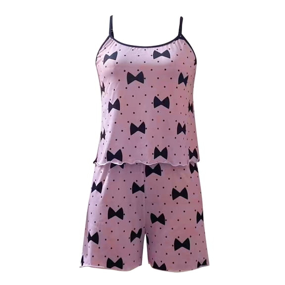 Pajamas for Women Set Short Sleeve Soft Ice Silk Summer Suspender Home Clothes Purple Bow Print Sleepwear Pajama