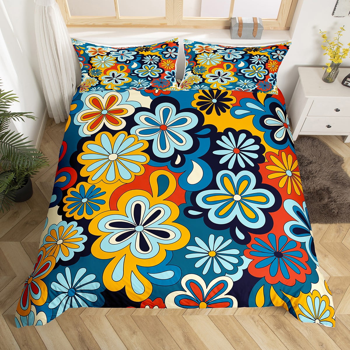 YST Groovy Flower Duvet Cover for Girls Women,Colorful Funky 60s 70s Flower Bedding Set Queen