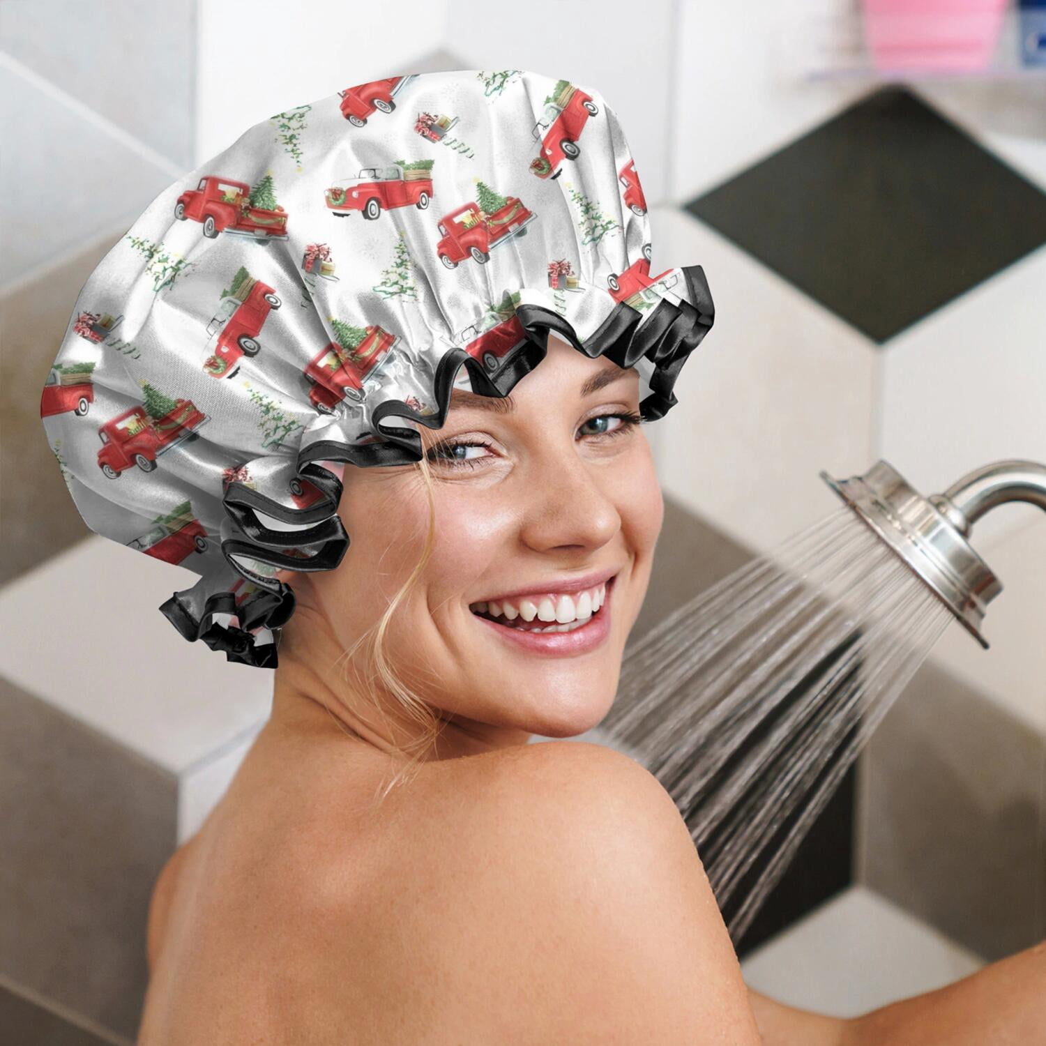 Shower Caps,Red Christmas Truck Pattern Waterproof Shower Cap for Women 4 Pieces,Double Reusable Hair Cover for Shower PEVA Elastic Stretch Hem