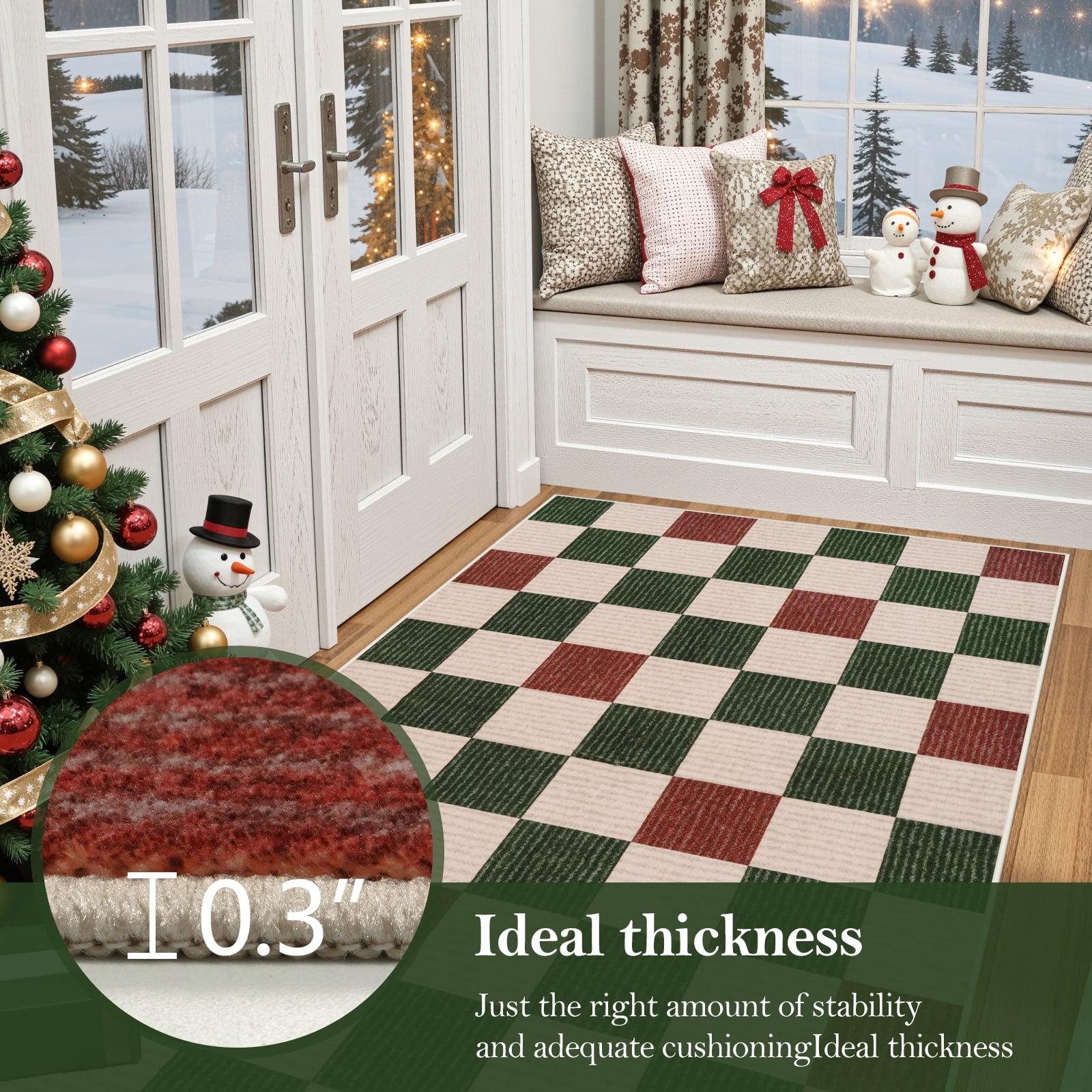 RUG ROBOT 3'x5' Christmas Rugs for Entryway, Washable Non-Slip Checkered Area Rug, Soft Farmhouse Geometric Xmas Holiday Rugs for Bedroom, Living Room Indoor Outdoor Christmas Decor