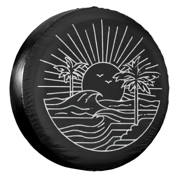 KAKALAD Line Beach Palm Trees Sun Wave 01 Spare Tire Cover Universal Vehicle Accessories Buckle Car Tools 14”in