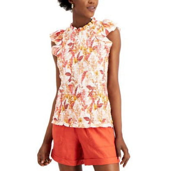 $70 Inc International Concepts Womens Floral Smocked Sleeveless Top Beige Small