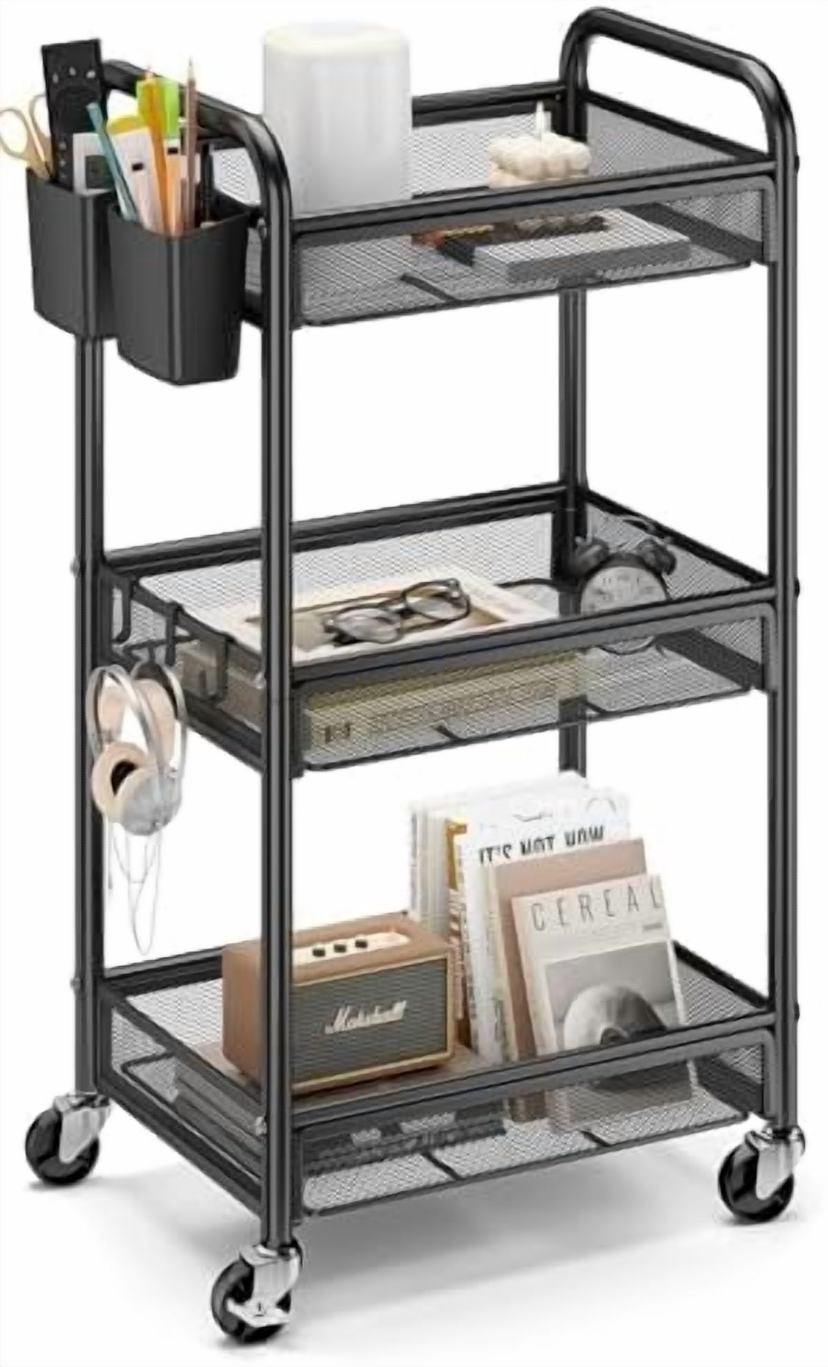 3 Tier Rolling Cart – Metal Utility Storage Carts with Wheels, Craft Cart Organizer with Hanging Cups, Hooks, Mesh Basket for Bedside Kitchen Office Art, Black