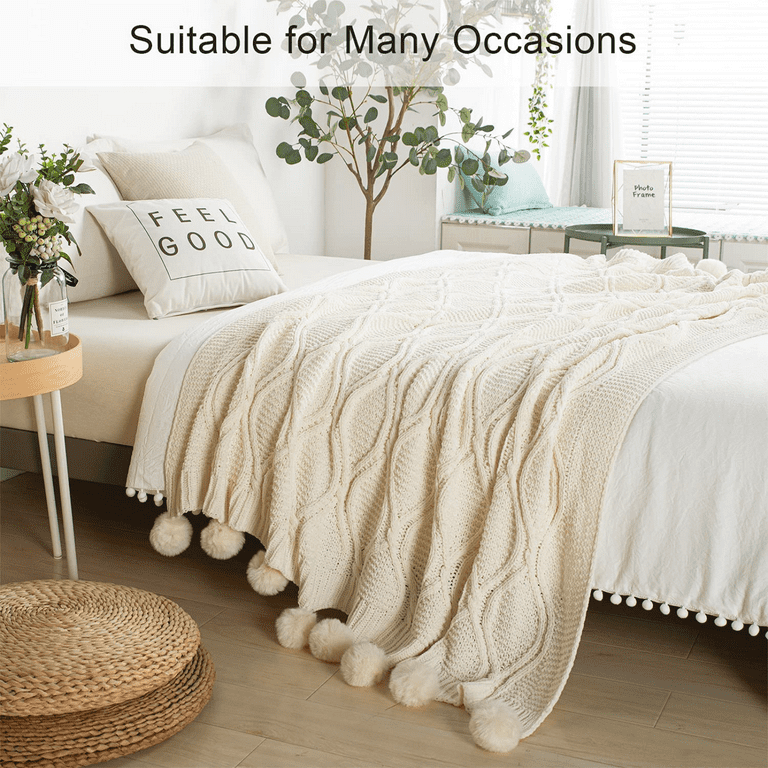 Wekity Chunky Knit Blanket with pom poms Soft Big Cozy Throw Blankets for Couch Bed Sofa Chair 51 63 Inches White Walmart