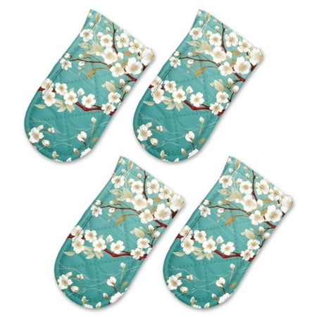 

BaHomeck Pot Handle Holder Covers 4Pcs White Flowers On Turquoise Background Non Slip Heat-Resisting Pan Handle Covers For Home Kitchen Baking Cooking BBQ Cookwares 6×3In