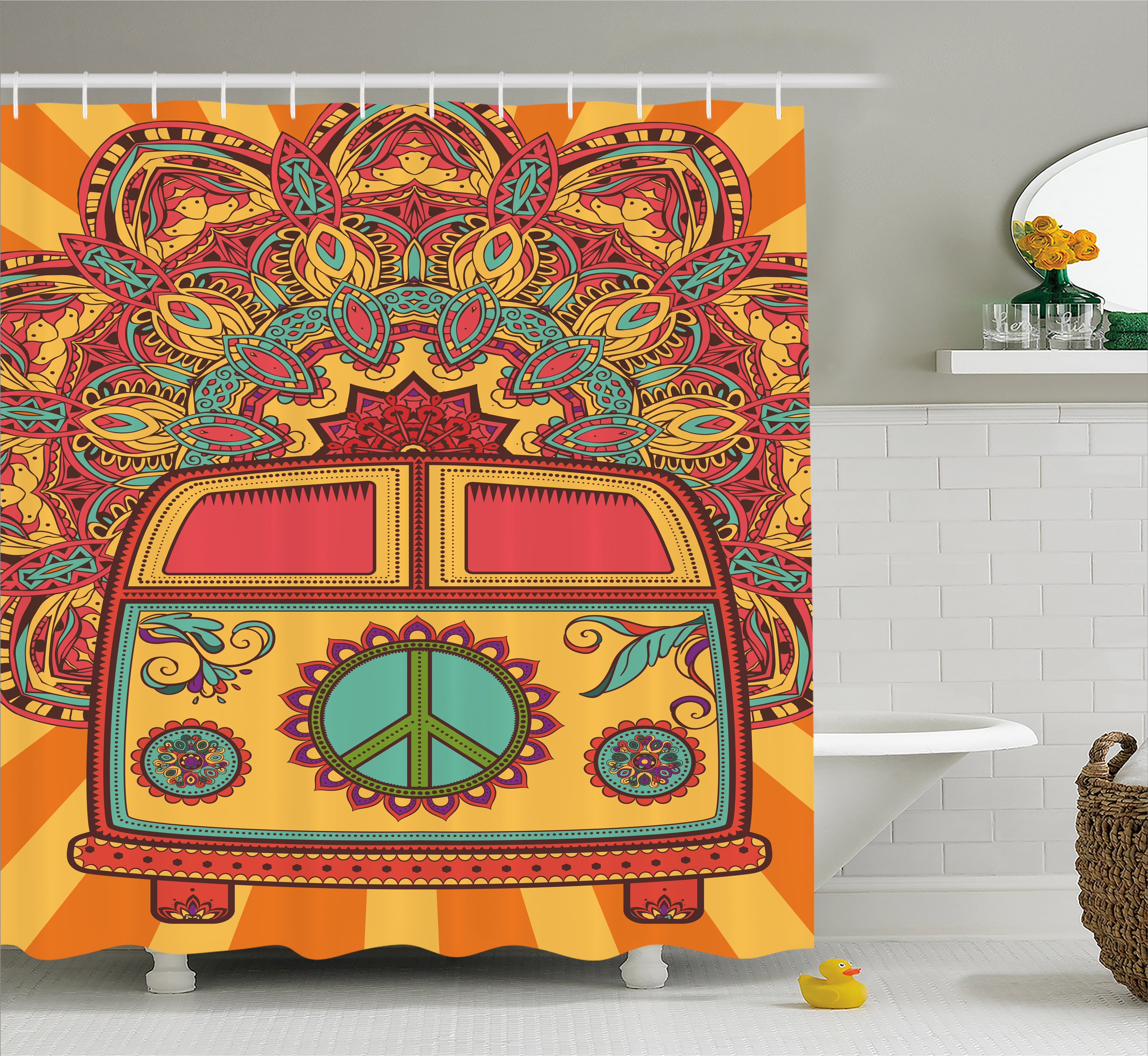 70s Party Shower Curtain, Hippie Vintage Mini Van Ornamental Backdrop