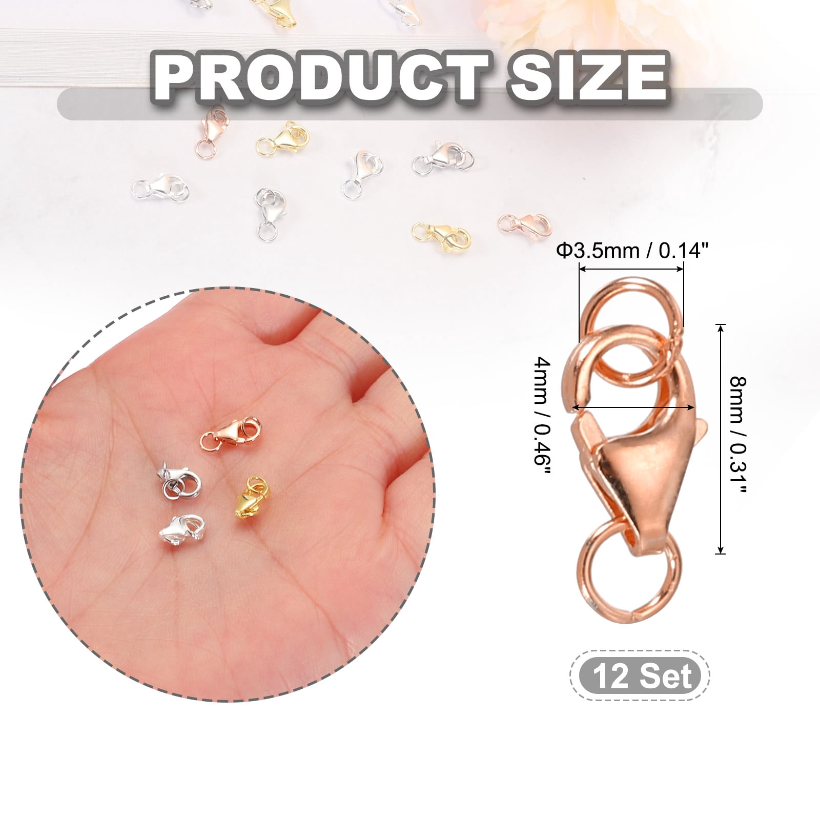 8mm Lobster Clasp with Closed Jump Rings, 12 Set Lobster Claw Clasp, Rose Gold