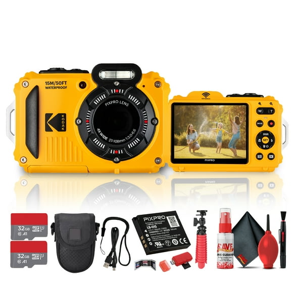 Kodak PIXPRO WPZ2 Digital Camera (Yellow) |Waterproof, Shockproof & Dustproof Camera with 16MP Sensor, 1080p Video & 4x Optical Zoom |Travel & Outdoor use + 2x 32GB Card + Vlogger Tripod + Bag + More