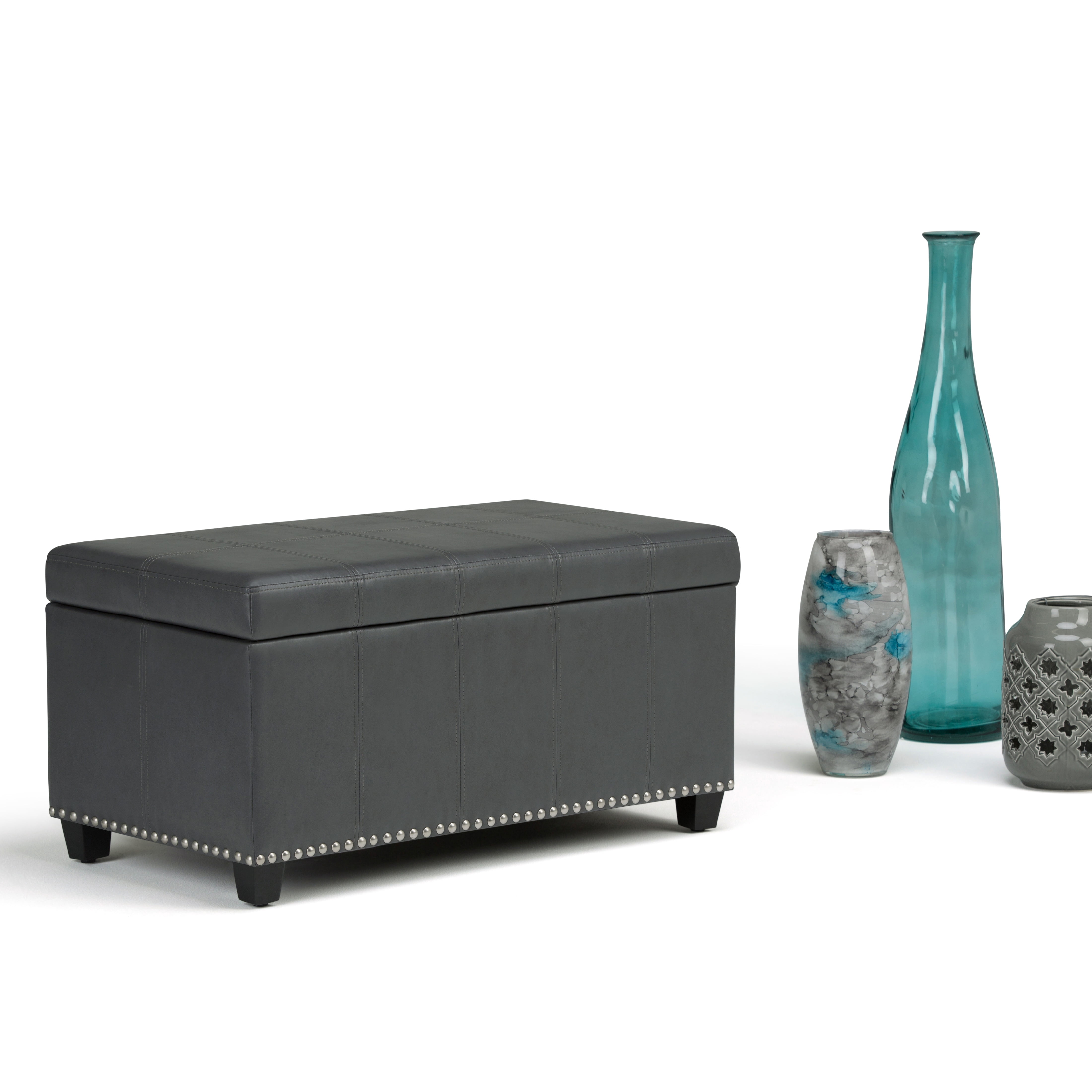 Amelia 33 inch Wide Transitional Storage Ottoman Bench in Stone Grey Vegan Leather
