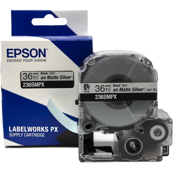 Epson LABELWORKS 236SMPX - Black on Silver Matte PET Label Maker Tape - 1.5" (36MM) Wide, 30'