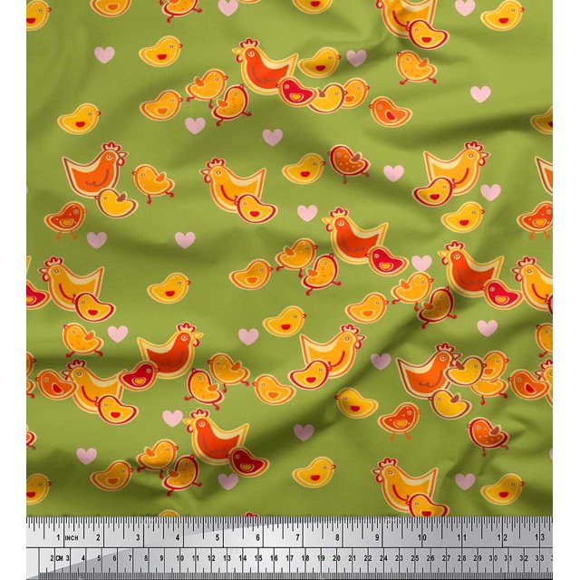 Soimoi Rayon Fabric Heart,Hen & Chick Cartoon Decor Fabric Printed Yard 56 Inch Wide