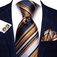 thumbnail image 2 of Hi-Tie Men's Navy Gold and White Striped Silk Tie Set Pocket Square Cufflinks for Wedding, 2 of 6
