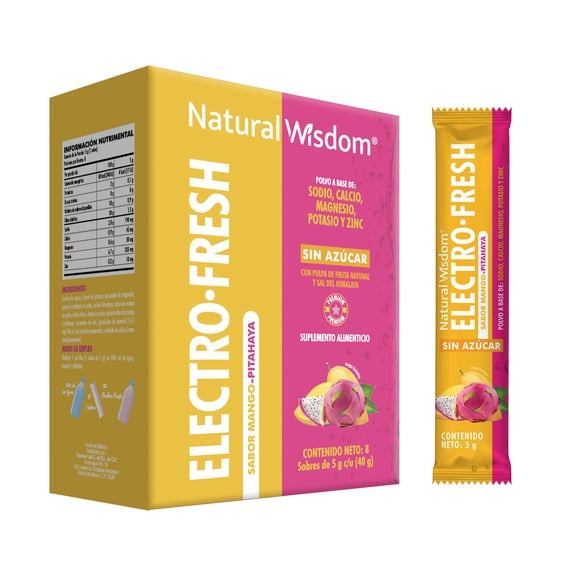 Natural Wisdom Electrolitos en Polvo 150 g | Calcio, Magnesio, Zinc y Potasio | Sin Azúcar | Sabor Mango-Pitahaya