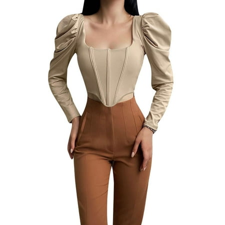 

Long Sleeve Square Neck Crop Top for Women Corset Cropped Blouse Low Cut Bustier Shirts