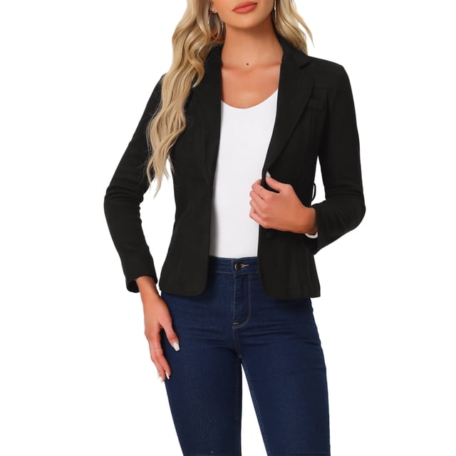 INSPIRE CHIC Faux Suede Casual Blazer para mujeres con solapa de muesca y cinturón L Negro