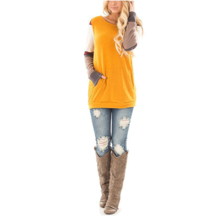 Neck Kit - Lightweight Sweatshirts Round Neck Tunic Tops for Women, Women's Knitted Casual Slim Fit Loose Blouses for Juniors, Yellow / Gray Long Sleeve Sweatshirts for Teen Girl, S-XL