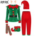 thumbnail image 2 of Conjunto de disfraz de elfo de Navidad para niños, camiseta con pantalones, sombrero, cinturón con orejas de elfo de silicona, medias y fundas para zapatos, 7 Uds., 2 of 5