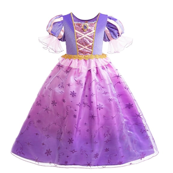 LOEL Girls Princess Costume Puff Sleeve Purple Fancy Dress Ages 3-10 for Halloween Birthday Party