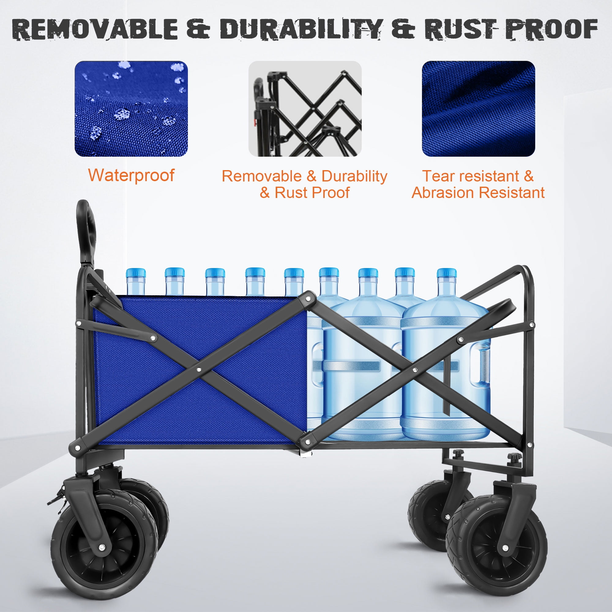 Qunler 560lbs Large Collapsible Wagon Cart, Foldable Heavy Duty Big Bucket Cart Wagon with Side Storage, Multi-Terrain Wheels with Brakes for Shopping, Camping, Garden, Grocery, Blue