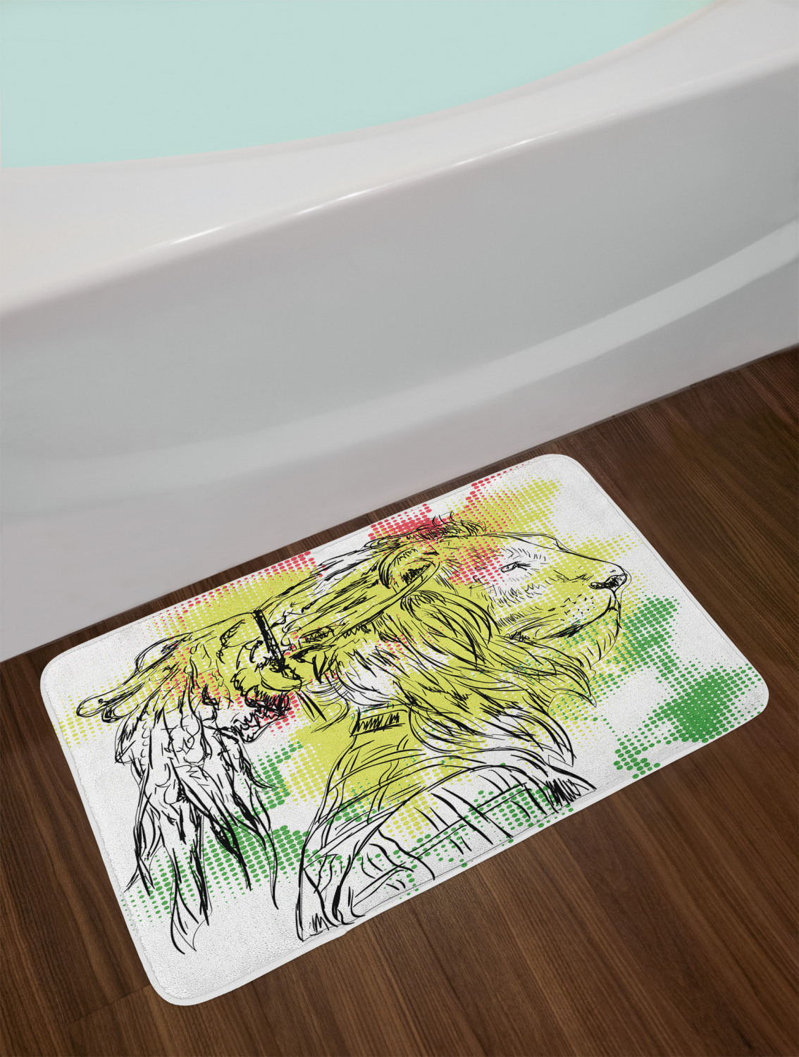 Rasta Bath Mat, Black and White Sketchy Head of Lion on Digital Pixels Backdrop Image, Non-Slip Plush Mat Bathroom Kitchen Laundry Room Decor, 29.5 X 17.5 Inches, Green Burgundy and Yellow, Ambesonne - image 2 of 2