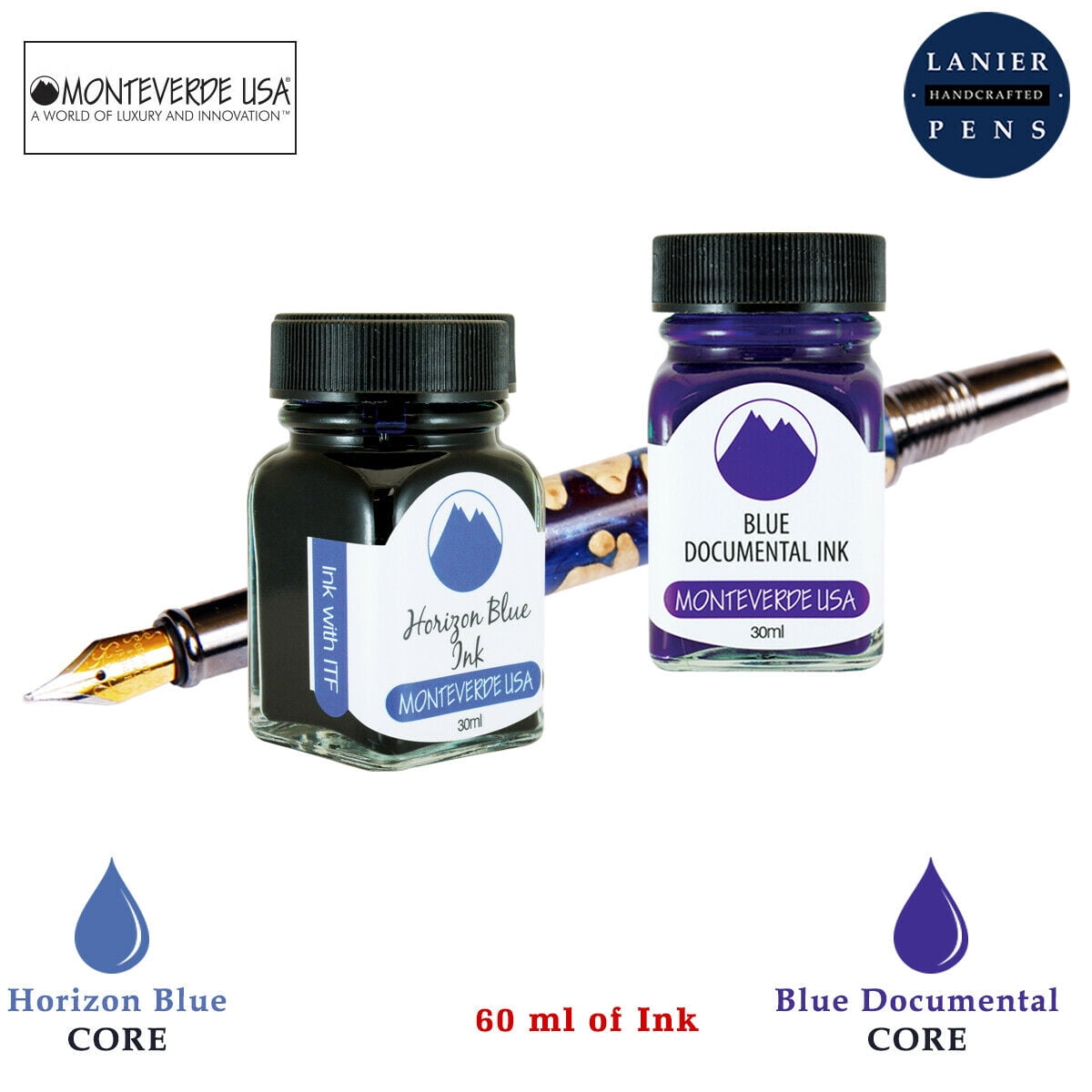 Monteverde 60ml Core Fountain Pen Ink Bottle (30ml Horizon Blue Ink Bottle G309HB, 30ml Blue Documental Ink Bottle G309DU)