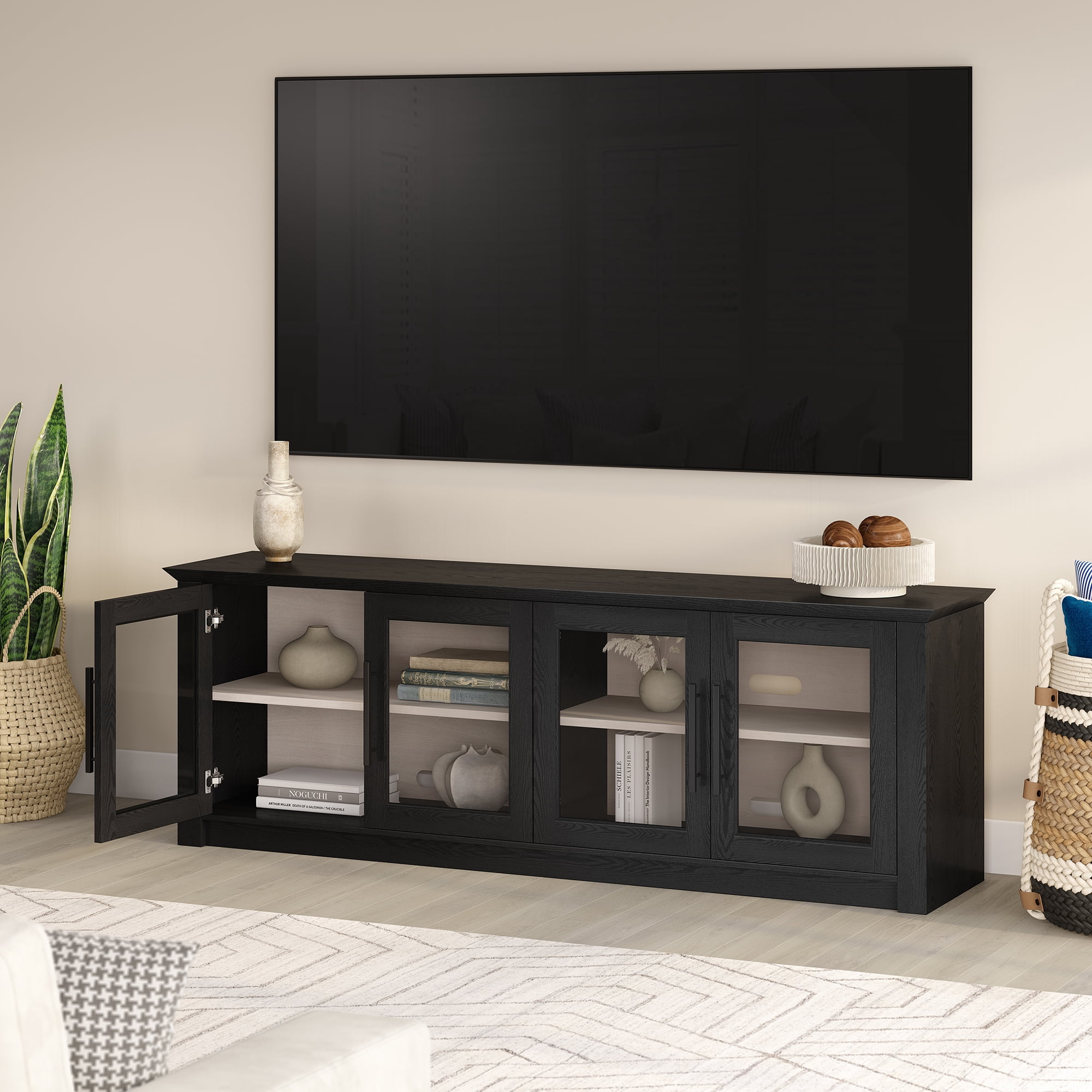 Thornwell Rectangular TV Stand for TV's up to 78" with Glass Doors in Black Grain/Alder White