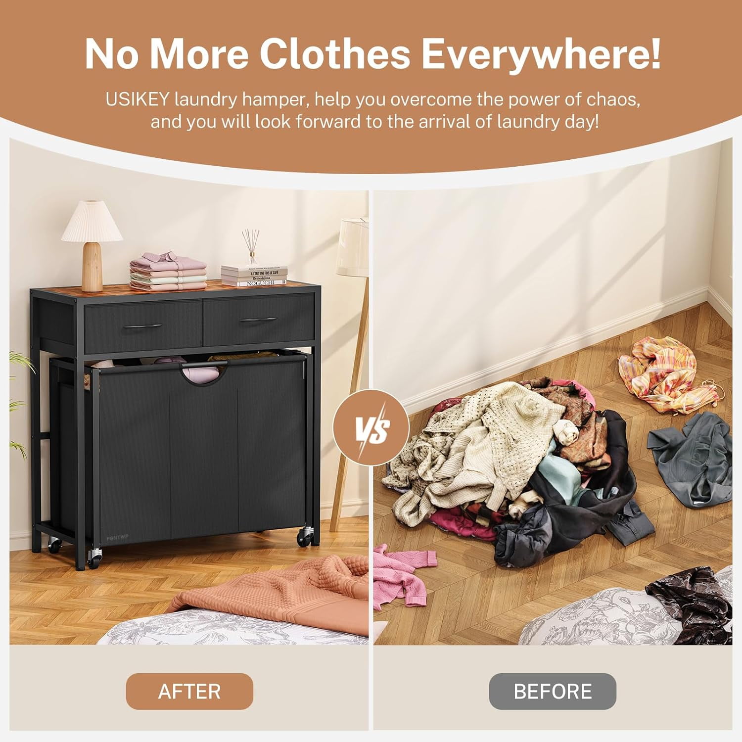 Laundry Sorter 3 Section with Tabletop & 2 Drawers, Rolling Laundry Hamper with Pull-Out and Removable Bags, Laundry Basket Organizer with Wheels and Shelf, Metal Frame Rustic Brown for Laundry Room
