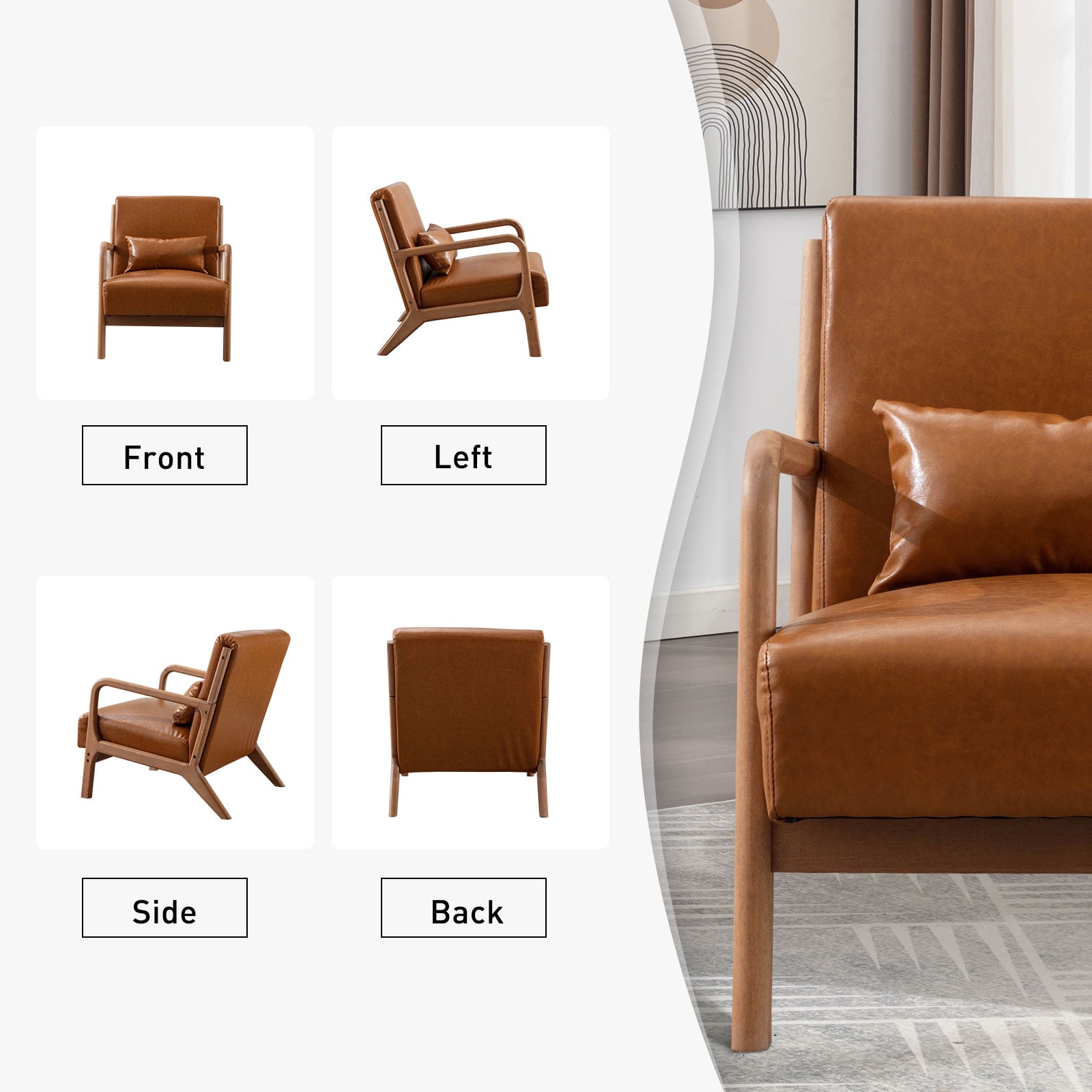Ebello Accent Chair Mid Century Modern Arm Chair, PU Leather Reading Armchair for Bedroom Living Room Office, Camel