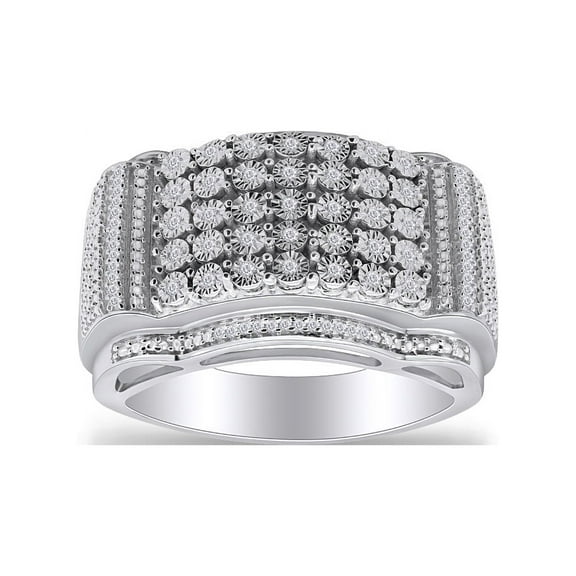 AFFY 0.20 Carat Round Shape White Natural Diamond Men's Anniversary Ring 14k White Gold Over Sterling Silver Ring Size-10