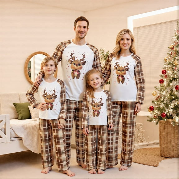 Jaweiwi Family Matching Christmas Pajamas Set Plaid and Reindeer Print Holiday Pajamas Sleepwear Dad Mom Kids PJs