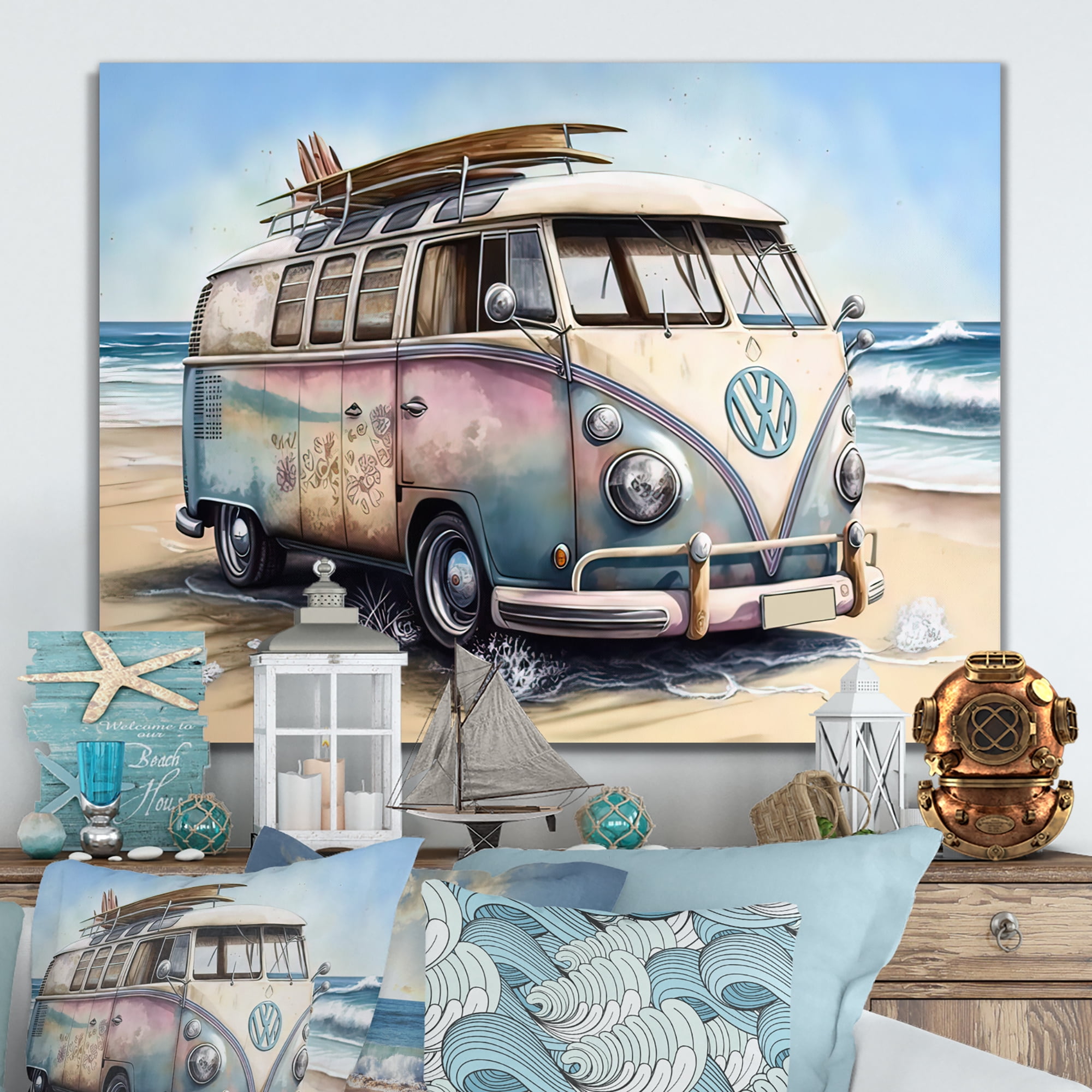 Designart 70S Surfing Van At The Beach I Canvas Wall Art