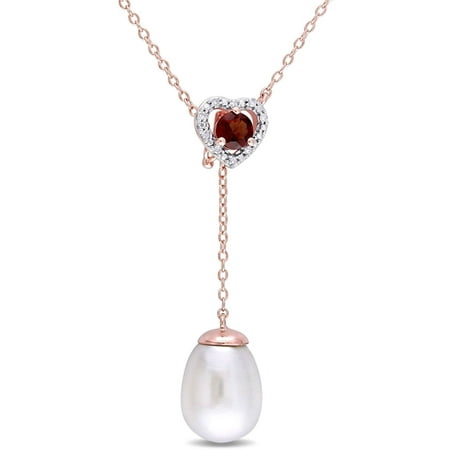 Tangelo 9.5-10mm White Cultured Freshwater Pearl and 1/2 Carat T.G.W. Garnet with Diamond-Accent Rose Rhodium over Sterling Silver Heart Drop Necklace, 17