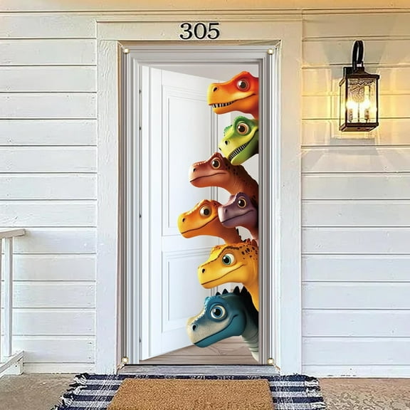 1 Pc Polyester Colorful Peep Dinosaur Pattern Door Cover Animal Theme Dinosaur Backdrop Banner Decoration for Indoor Outdoor Porch Home Decor Accessories diy