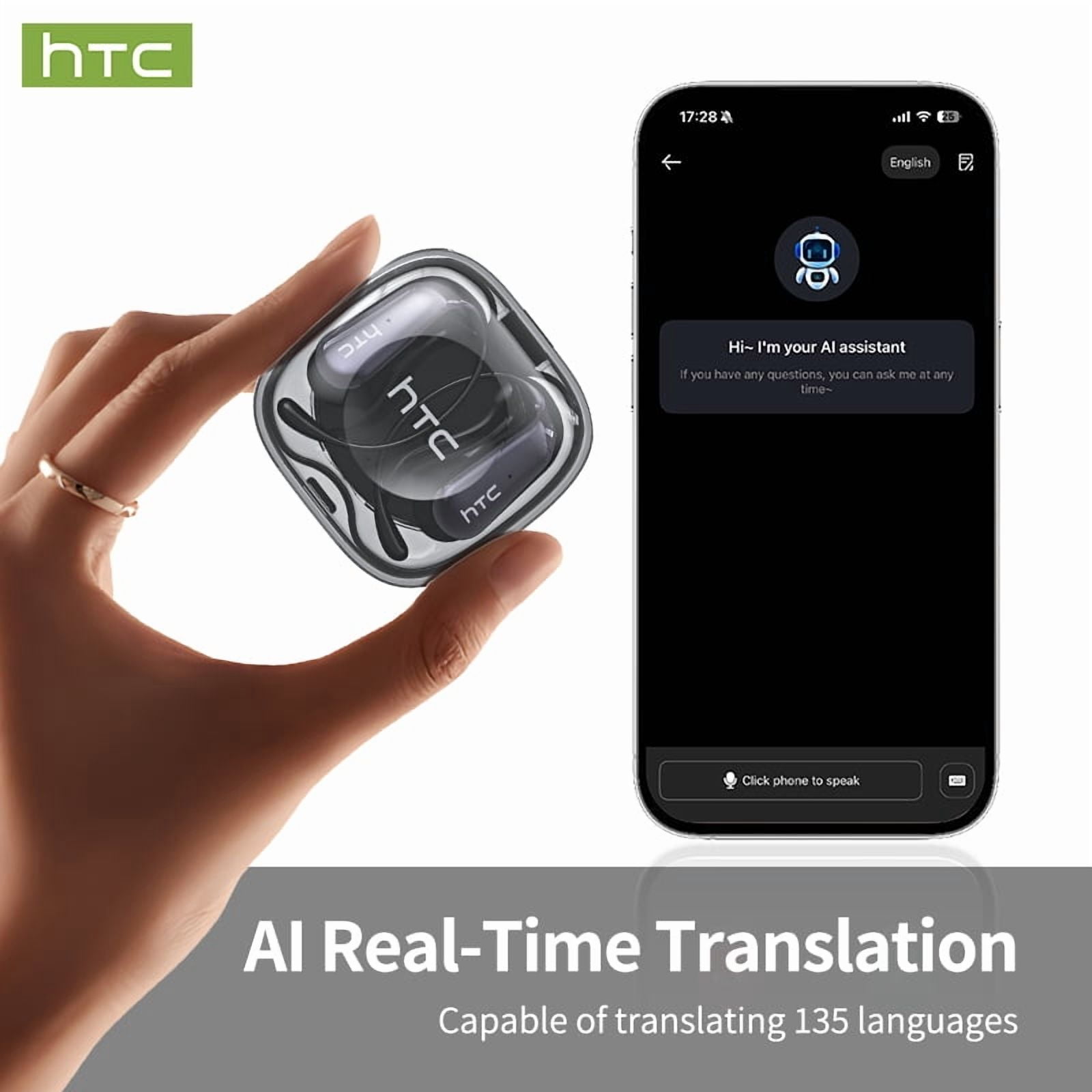 HTC NE38 Bluetooth 6.0 Open-Ear Earbuds, AI Translator, Noise-Cancelling, 130+ Languages, 40H Playtime, IPX5 Waterproof, Green+Earbud Case