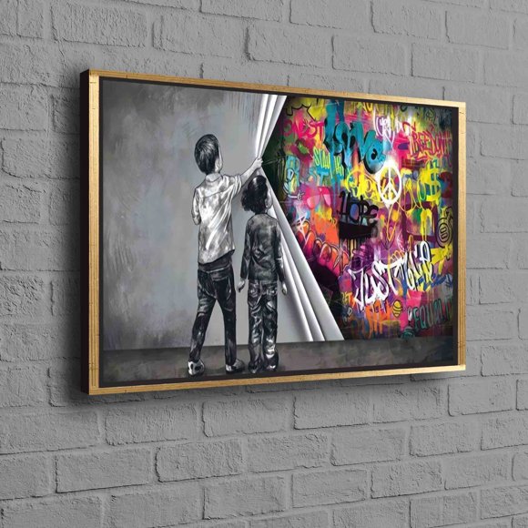 Personalized Banksy Behind The Curtain Framed Canvas Art for Trendy Office Decor and Home Gift