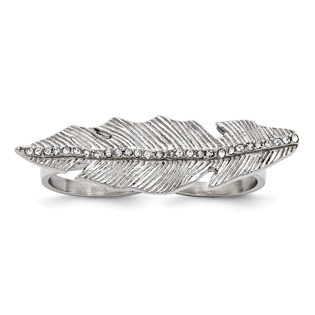 Stainless Steel Polished&Antiqued Leaf Two Finger 8/9 Crystal Ring Size 8