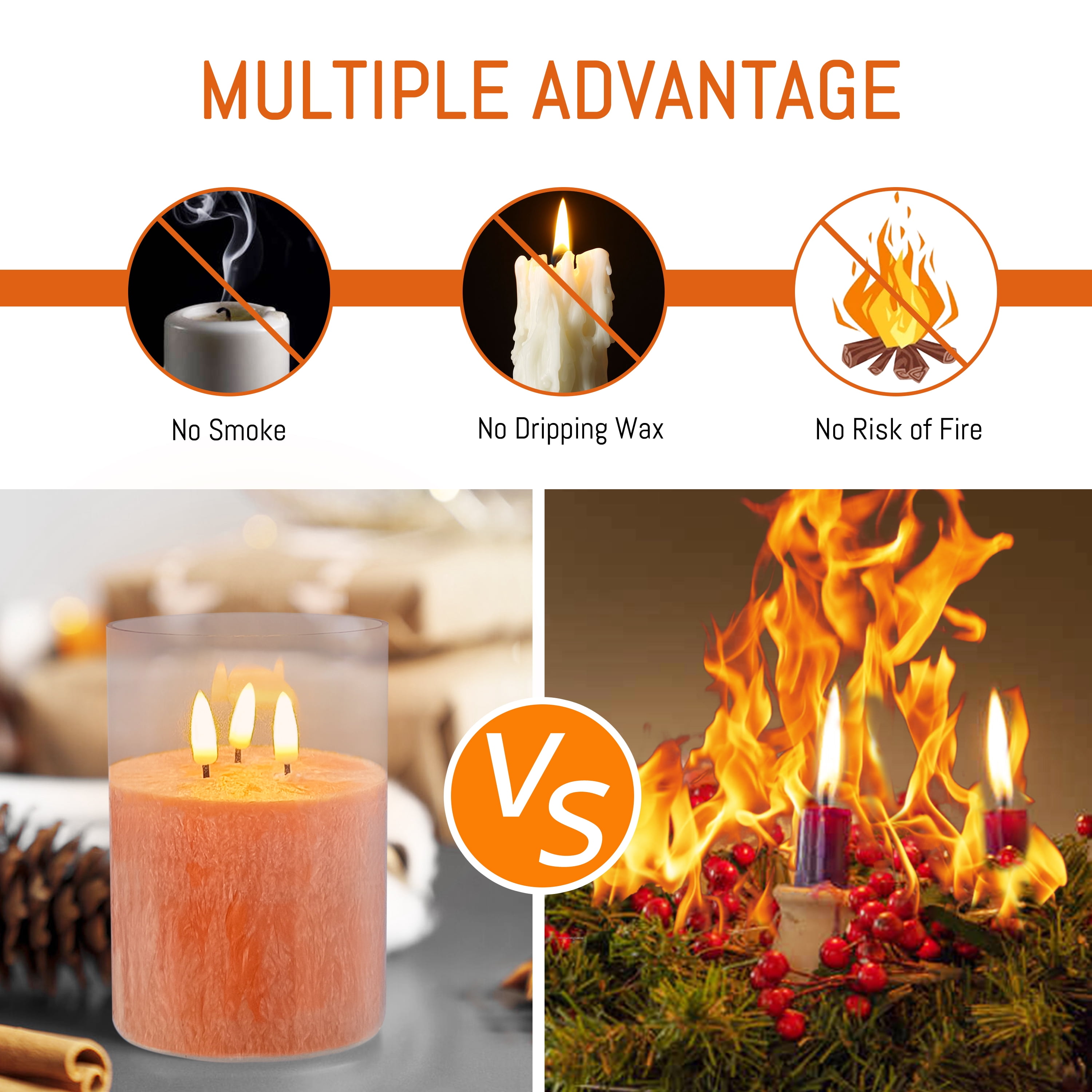 FCMSHAMD 5Inch Flameless Candle with 3 Wicks, Glass LED Pillar Candle, Real Wax Battery Operated Candle with Remote Control and Timer, Orange
