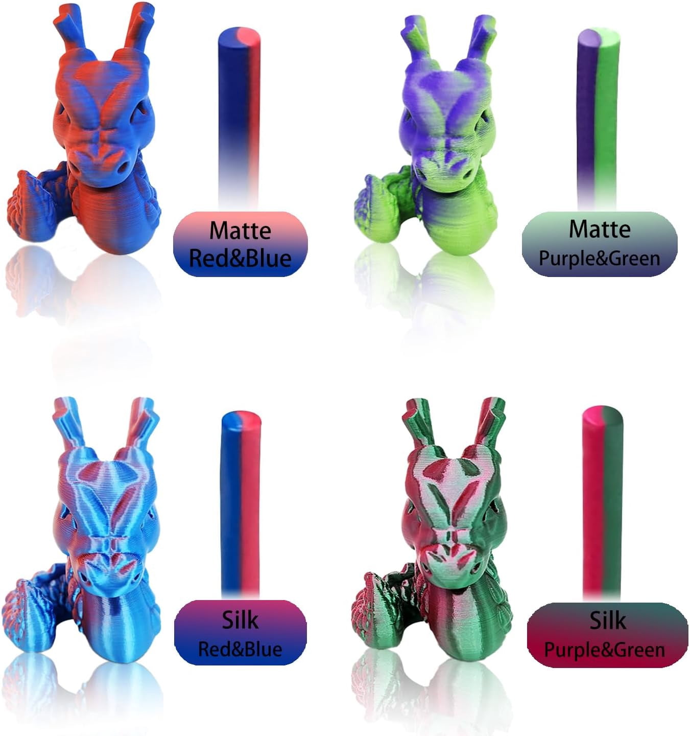 Reprapper 4X 250g Color Pack, Dual Filament Coextrusion PLA 1.75mm for 3D Printer, 4 x Spools Matte Red/Blue, Purple/Green, Silk Purple/Green