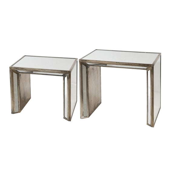 27, 21 Inch Nesting Side Table Set of 2, Mirrored Wood Frame, Silver- Saltoro Sherpi