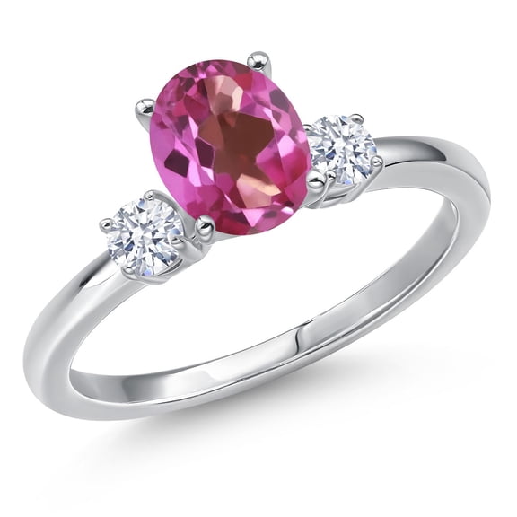 Gem Stone King 14K White Gold Pink Mystic Topaz and White Zirconia Engagement Ring for Women | 1.52 Cttw | Oval 8X6MM | Gemstone November Birthstone | Size 5