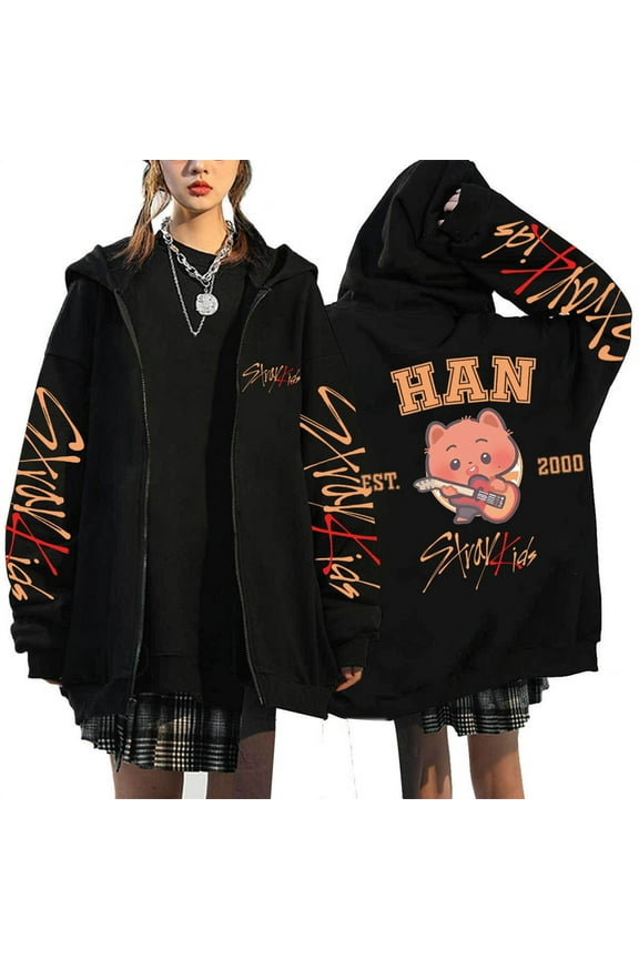 Q-Version Cute Animal Print Hoodie With Casual Zipper Sweatshirt And Elegant KPOP Streetwear Oversized Retro Hoodie 2XL,Black1-1