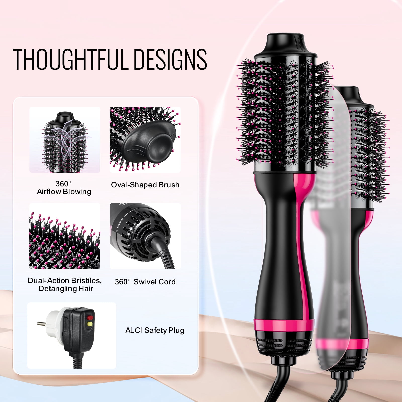 KFFKFF Hair Styling Blow Dryer Brush, 4-in-1 Ionic Hair Enhancer with Electroplated Titanium & 2.95" Ceramic Coated Oval Barrel, Dual Voltage 110V/240V Heat Styling Brush for Home, Salon, and Travel