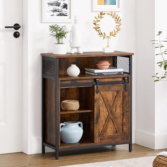 VASAGLE Mueble de Almacenamiento, Aparador, Armario de Cocina, Puerta Corredera, 30 x 70 x 80 cm, Estante Ajustable, Marrón Rústico y Negro