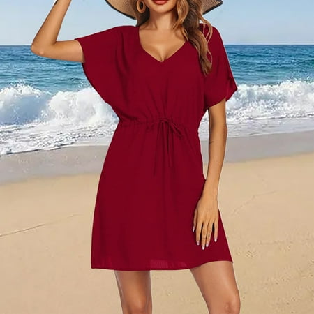 Rigardu swimsuit coverup for womenswim cover up for women Summer Women s Short Sleeved Beach Outfit Loose V Neck Bikini Waist Tied Dress Beach Swimsuit Cover Up Red + L