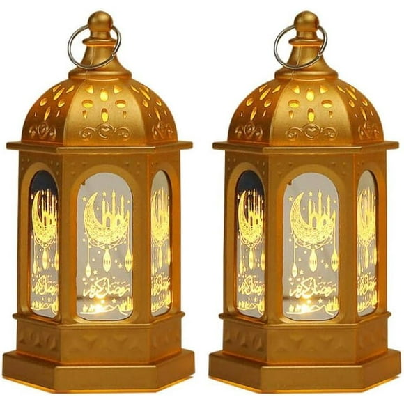 HAHADAXA 2 Pieces Ramadan Lantern Decoration, Ramadan Candle Lantern, LED Eid Mubarak Lamp, Ramadan Lantern Decor, for Home Eid Mubarak Tabletop Decor Creative Party Supplies (Gold)