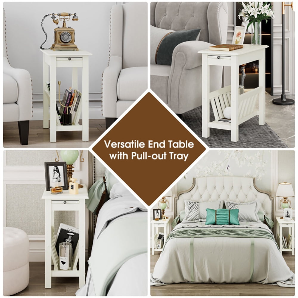 Finihen End Table, 2-Tier End Table with Pull-out Tray and Solid Rubber Wood Legs, Sofa Side Table, Bed Side Table, for Living Room, Bedroom, White Finihen End Table, 2-Tier End Table with Pull-out Tray and Solid Rubber Wood Legs, Sofa Side Table, Bed Side Table, for Living Room, Bedroom, White