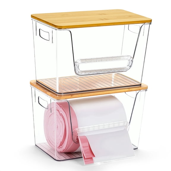 2 Set Pantry Organizers and Storage, Trash Bag Holder Under Sink Organizer for 4-13 Gal Bags, Trash Bag Dispenser with Bamboo Top for Onion, Potato, Garlic, Clear