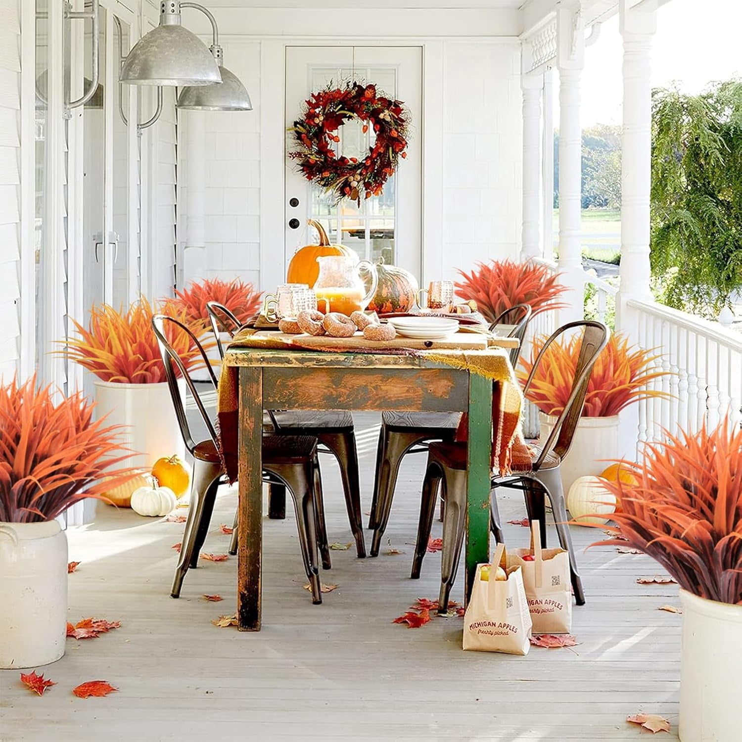 8 pcs Fall Artificial Flowers for Decoration, Fake Artificial Tall Grass Plants for Outdoors, Orange Faux Tropical Greenery Autumn Front Porch Patio Garden Outside Plastic Shrubs Bushes